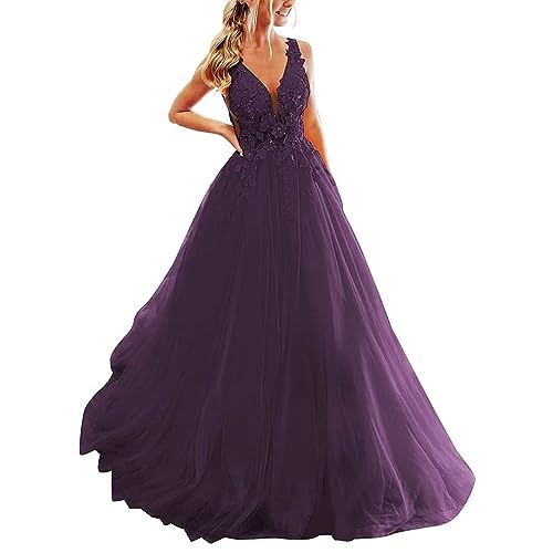 DMYG Tüll Ballkleid Langes für Damen 2023 V-Ausschnitt Spitzenapplikationen Formelle Kleider and Abendkleid Pflaume 36 von DMYG