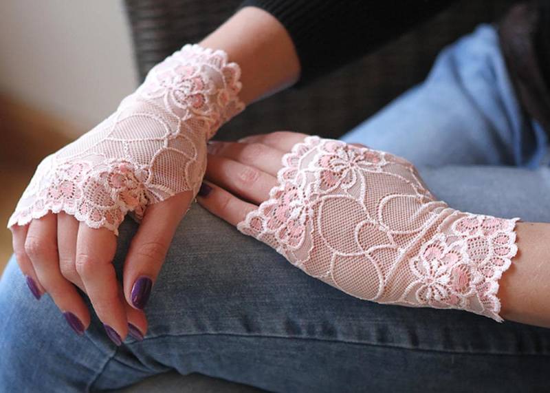 Rosa Fingerlose Spitzenhandschuhe, Blumenmuster, Stretch-Spitze von DMpics