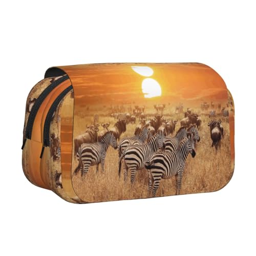 Afrika Sunset Zebra Doppelschichtiges Flip-Top-Federmäppchen, großes Fassungsvermögen, Organizer für 50 Stifte, strapazierfähiges Polyester, Schreibwaren-Halter für Schule, Kunstreisen (Allover-Druck) von DNBCLEZK