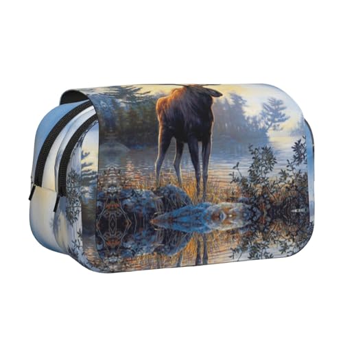 Animal Northern Deer Doppelschichtiges Flip-Top-Federmäppchen, großes Fassungsvermögen, Organizer für 50 Stifte, strapazierfähiges Polyester, Schreibwaren-Halter für Schule, Kunstreisen (Allover-Druck von DNBCLEZK