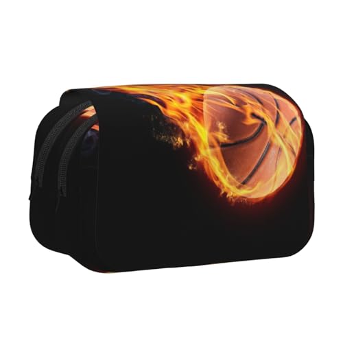 Basketball On Fire Doppelschichtiges Flip-Top-Federmäppchen, großes Fassungsvermögen, Organizer für 50 Stifte, strapazierfähiges Polyester, Schreibwaren-Halter für Schule, Kunstreisen (Allover-Druck) von DNBCLEZK