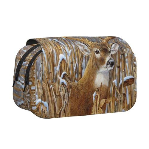 Buck Deer Doppelschichtiges Flip-Top-Federmäppchen, großes Fassungsvermögen, Organizer für 50 Stifte, strapazierfähiges Polyester, Schreibwaren-Halter für Schule, Kunstreisen (Allover-Druck) von DNBCLEZK