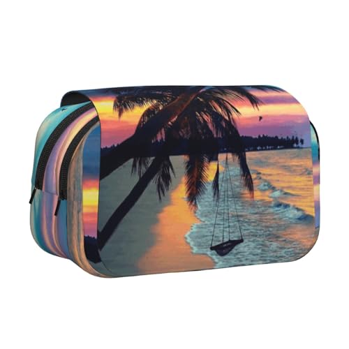 Coconut Beach Sunset Hammock Double Layer Flip-Top Pencil Case,Large Capacity 50 Pens Organizer, Durable Polyester Stationery Holder for School, Art Travel (All-Over Print) von DNBCLEZK