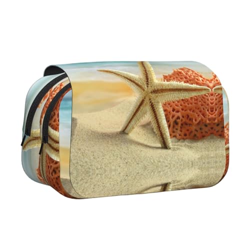 Coral On Beach Doppelschichtiges Flip-Top-Federmäppchen, großes Fassungsvermögen, Organizer für 50 Stifte, strapazierfähiges Polyester, Schreibwaren-Halter für Schule, Kunstreisen (Allover-Druck) von DNBCLEZK