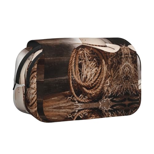 DNBCLEZK American West Rodeo Hut, doppelschichtiges Flip-Top-Federmäppchen, großes Fassungsvermögen, Organizer für 50 Stifte, strapazierfähiges Polyester, Schreibwaren-Halter für Schule, Kunstreisen von DNBCLEZK