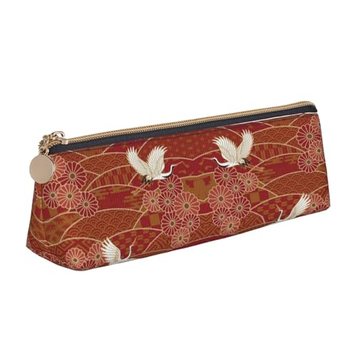 DNBCLEZK Dreieckiges Federmäppchen mit zwei Kranichen und Chrysanthemen, aus Leder, hochwertiger glatter Reißverschluss, langlebiger Metallabzieher, vollständiger Druck von DNBCLEZK