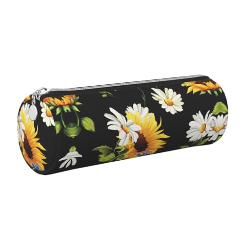 DNBCLEZK Federmäppchen aus Leder, Motiv: Sonnenblumen, Kamille, niedlich, rund, hochwertiger glatter Reißverschluss, langlebiger Metallabzieher, Designer-Schreibwaren-Organizer für Schule, Büro von DNBCLEZK