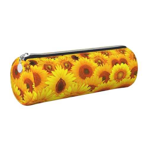 DNBCLEZK Federmäppchen aus Leder, Motiv: gelbe Sonnenblume, niedlich, rund, hochwertiger glatter Reißverschluss, langlebiger Metallabzieher, Designer-Schreibwaren-Organizer für Schule, Büro, silber von DNBCLEZK