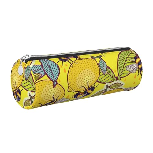 DNBCLEZK Federmäppchen aus Leder, Motiv: gelbe Zitrone und Biene, niedliches rundes Leder-Federmäppchen, hochwertiger glatter Reißverschluss, langlebiger Metallabzieher von DNBCLEZK