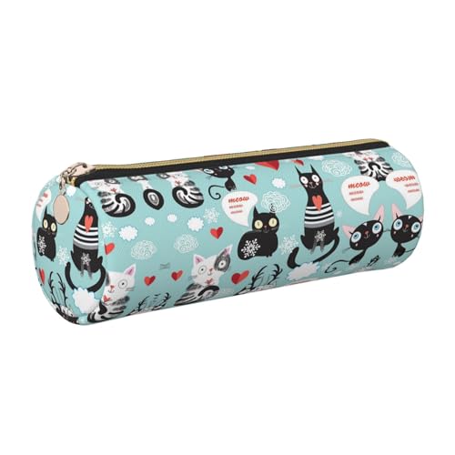 DNBCLEZK Federmäppchen aus Leder, niedliches rundes Leder-Federmäppchen, schwarzer und weißer Katze, hochwertiger glatter Reißverschluss, langlebiger Metallabzieher, Designer-Schreibwaren-Organizer von DNBCLEZK