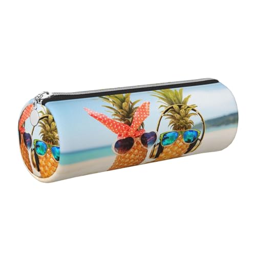 DNBCLEZK Federmäppchen aus Leder mit zwei Ananas-Motiv, niedliches rundes Leder-Federmäppchen, hochwertiger glatter Reißverschluss, langlebiger Metallabzieher, Designer-Schreibwaren-Organizer für von DNBCLEZK