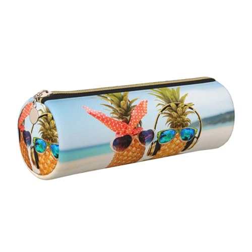 DNBCLEZK Federmäppchen aus Leder mit zwei Ananas-Motiv, niedliches rundes Leder-Federmäppchen, hochwertiger glatter Reißverschluss, langlebiger Metallabzieher, Designer-Schreibwaren-Organizer für von DNBCLEZK