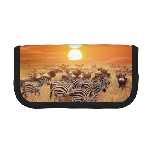 DNBCLEZK Federmäppchen aus Segeltuch, Motiv: Afrika, Sonnenuntergang, Zebramuster, großes Fassungsvermögen, schwarzer Rand, Mehrzweck-Make-up-Tasche, Organizer, doppelter Reißverschluss (19 x 9 x 5 cm von DNBCLEZK