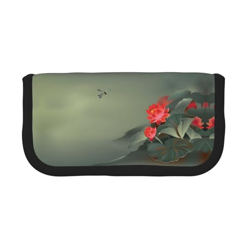 DNBCLEZK Federmäppchen aus Segeltuch mit Lotusblume und Libelle, großes Fassungsvermögen, schwarzer Rand, Mehrzweck-Make-up-Tasche, Organizer, doppelter Reißverschluss (19 x 9 x 5 cm) von DNBCLEZK