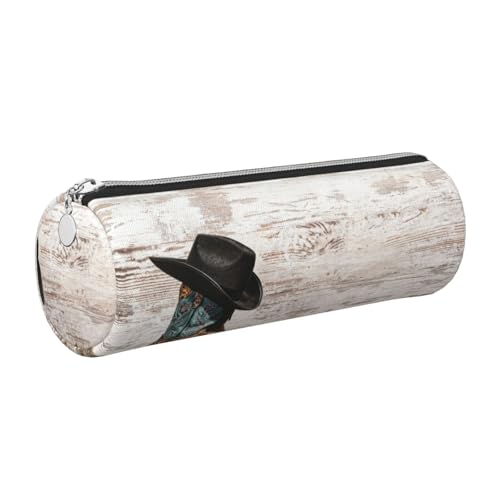 DNBCLEZK Federmäppchen mit Cowboyhut und Stiefeln, niedliches rundes Leder-Federmäppchen, hochwertiger glatter Reißverschluss, langlebiger Metallabzieher, Designer-Schreibwaren-Organizer für Schule von DNBCLEZK