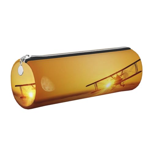 DNBCLEZK Federmäppchen mit Flugzeug bei Sonnenuntergang, niedliches rundes Leder-Federmäppchen, hochwertiger glatter Reißverschluss, langlebiger Metallabzieher, Designer-Schreibwaren-Organizer für von DNBCLEZK