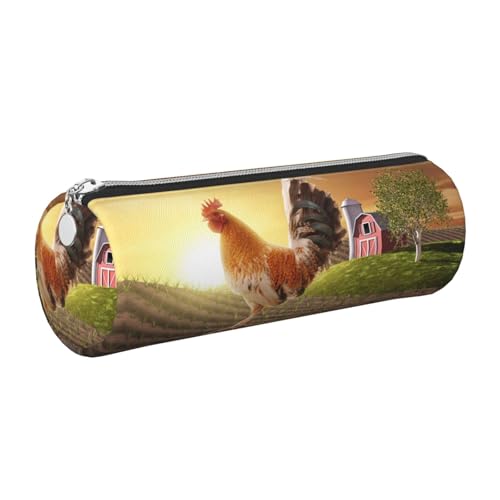 DNBCLEZK Federmäppchen mit Huhn-Hahn, niedliches rundes Leder-Federmäppchen, hochwertiger glatter Reißverschluss, langlebiger Metallabzieher, vollständiger Druck, Designer-Schreibwaren-Organizer für von DNBCLEZK