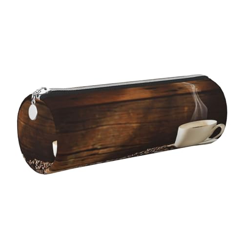 DNBCLEZK Federmäppchen mit Kaffeetasse und Kaffeebohnen, niedliches rundes Leder-Federmäppchen, hochwertiger glatter Reißverschluss, langlebiger Metallabzieher, Designer-Schreibwaren-Organizer für von DNBCLEZK