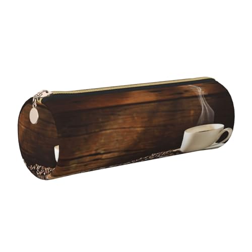 DNBCLEZK Federmäppchen mit Kaffeetasse und Kaffeebohnen, niedliches rundes Leder-Federmäppchen, hochwertiger glatter Reißverschluss, langlebiger Metallabzieher, Designer-Schreibwaren-Organizer für von DNBCLEZK