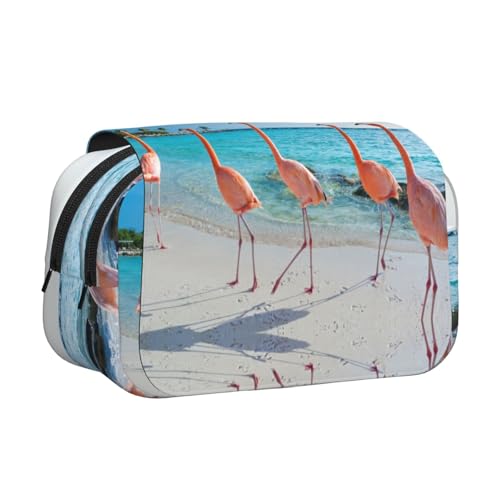 DNBCLEZK Federmäppchen mit Strand-Flamingos, doppelschichtig, Flip-Top, großes Fassungsvermögen, Organizer für 50 Stifte, strapazierfähiges Polyester, Schreibwaren-Halter für Schule, Kunstreisen von DNBCLEZK