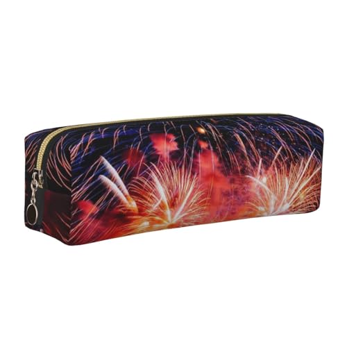 DNBCLEZK Feuerwerk niedliches Leder-Federmäppchen, hochwertiger glatter Reißverschluss, langlebiger Metallabzieher, vollständiger Druck, Designer-Schreibwaren-Organizer für Schule, Büro, gold von DNBCLEZK