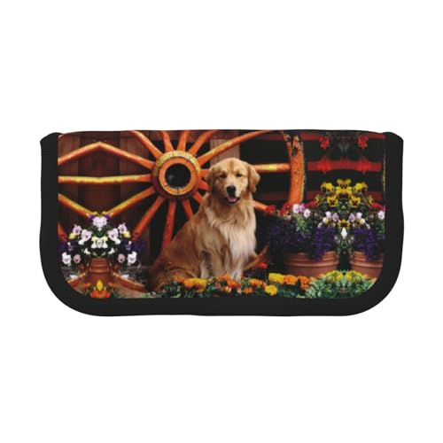 DNBCLEZK Golden Dog Federmäppchen aus Segeltuch mit großem Fassungsvermögen, schwarzer Rand, Mehrzweck-Make-up-Tasche, Organizer, doppelter Reißverschluss (19 x 9 x 5 cm) von DNBCLEZK