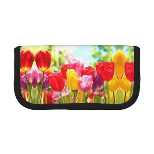 DNBCLEZK Großes Federmäppchen aus Segeltuch mit buntem Tulpenmotiv, schwarzer Rand, Mehrzweck-Make-up-Tasche, Organizer, doppelter Reißverschluss (19 x 9 x 5 cm) von DNBCLEZK
