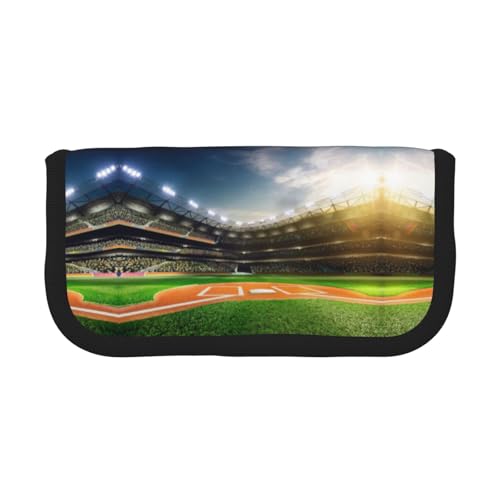 DNBCLEZK Grünes Baseballfeld-Hintergrund, großes Federmäppchen aus Segeltuch mit vollständigem Druck, schwarzer Rand, Mehrzweck-Make-up-Tasche, Organizer, doppelter Reißverschluss (19 x 9 x 5 cm) von DNBCLEZK