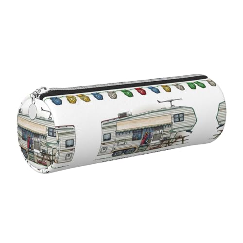 DNBCLEZK Happy Camper Federmäppchen aus Leder, niedlich, rund, hochwertiger glatter Reißverschluss, langlebiger Metallabzieher, Designer-Schreibwaren-Organizer für Schule, Büro, silber, Einheitsgröße von DNBCLEZK