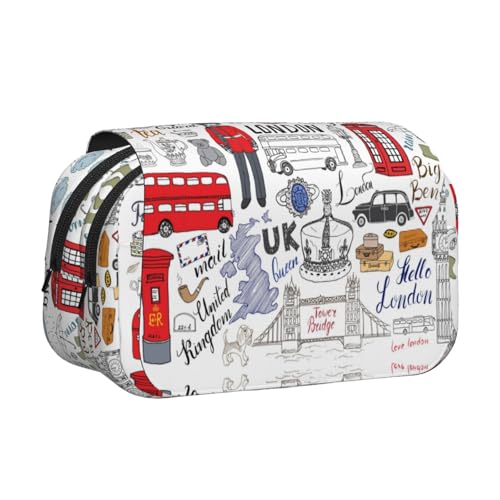 DNBCLEZK I Love London Doppelschichtiges Flip-Top-Federmäppchen, großes Fassungsvermögen, Organizer für 50 Stifte, strapazierfähiges Polyester, Schreibwaren-Halter für Schule, Kunstreisen von DNBCLEZK