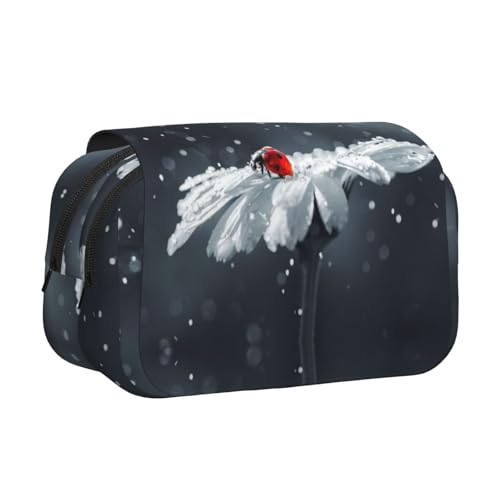 DNBCLEZK Ladybug On Flower Doppelschichtiges Flip-Top-Federmäppchen, großes Fassungsvermögen, Organizer für 50 Stifte, strapazierfähiges Polyester, Schreibwaren-Halter für Schule, Kunstreisen von DNBCLEZK