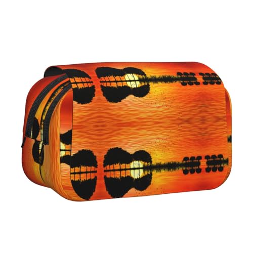 DNBCLEZK Lake Guitar Reflection Doppelschichtiges Flip-Top-Federmäppchen, großes Fassungsvermögen, Organizer für 50 Stifte, strapazierfähiges Polyester, Schreibwarenhalter für Schule, Kunstreisen von DNBCLEZK