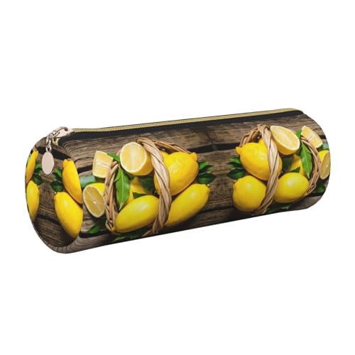 DNBCLEZK Lemons niedliches rundes Leder-Federmäppchen, hochwertiger glatter Reißverschluss, langlebiger Metallabzieher, Designer-Schreibwaren-Organizer für Schule, Büro, gold, Einheitsgröße von DNBCLEZK