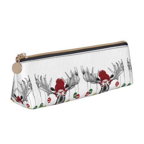 DNBCLEZK Lustiges Weihnachts-Hirsch-Federmäppchen, niedliches Leder, dreieckig, hochwertiger glatter Reißverschluss, langlebiger Metallabzieher, Volldruck, Designer-Schreibwaren-Organizer für Schule von DNBCLEZK