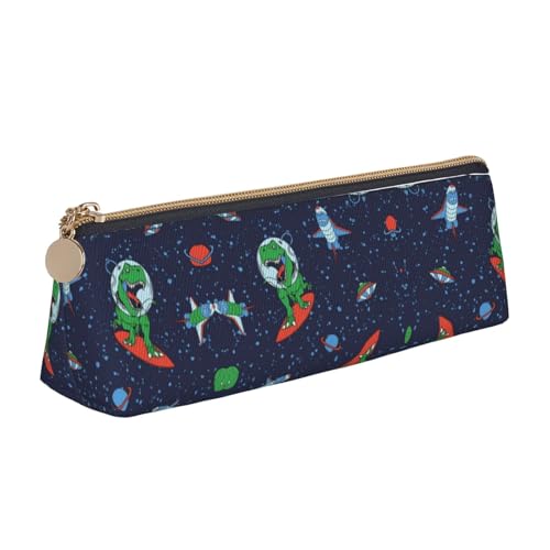 DNBCLEZK Lustiges dreieckiges Federmäppchen mit Astronauten-Dinosaurier-Rakete, aus Leder, hochwertiger glatter Reißverschluss, langlebiger Metallabzieher, Volldruck, Designer-Schreibwaren-Organizer von DNBCLEZK