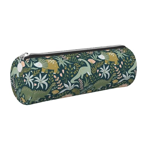 DNBCLEZK Niedliches Dinosaurier-Federmäppchen, rund, aus Leder, glatter Reißverschluss, langlebiger Metallabzieher, vollständiger Druck, Designer-Schreibwaren-Organizer für Schule, Büro, silber von DNBCLEZK