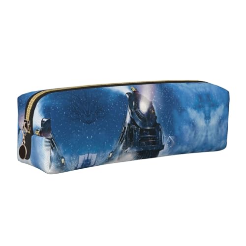 DNBCLEZK Niedliches Leder-Federmäppchen für den Winter, Weihnachten, Nacht, Eisenbahn, Zug, hochwertiger glatter Reißverschluss, langlebiger Metallabzieher, Designer-Schreibwaren-Organizer für Schule von DNBCLEZK