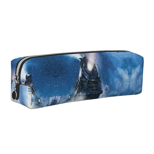 DNBCLEZK Niedliches Leder-Federmäppchen für den Winter, Weihnachten, Nacht, Eisenbahn, Zug, hochwertiger glatter Reißverschluss, langlebiger Metallabzieher, Designer-Schreibwaren-Organizer für Schule von DNBCLEZK