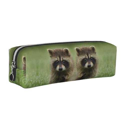 DNBCLEZK Niedliches Waschbär-Federmäppchen aus Leder, hochwertiger glatter Reißverschluss, langlebiger Metallabzieher, vollständiger Druck, Designer-Schreibwaren-Organizer für Schule, Büro, silber von DNBCLEZK