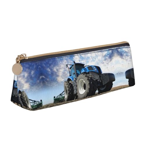 DNBCLEZK Niedliches dreieckiges Federmäppchen aus Leder, Motiv: Bauernhof-Traktor, hochwertiger glatter Reißverschluss, langlebiger Metallabzieher, Designer-Schreibwaren-Organizer für Schule, Büro von DNBCLEZK