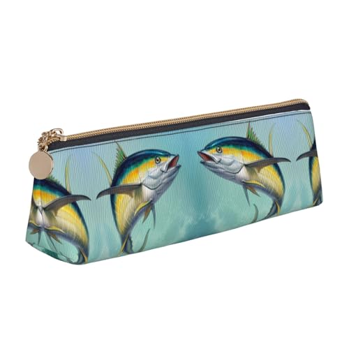 DNBCLEZK Niedliches dreieckiges Federmäppchen aus Leder, Motiv: Fische springen aus dem Meer, hochwertiger glatter Reißverschluss, langlebiger Metallabzieher, Designer-Schreibwaren-Organizer für von DNBCLEZK