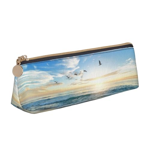 DNBCLEZK Niedliches dreieckiges Federmäppchen aus Leder, Motiv: Sonnenuntergang, hochwertiger glatter Reißverschluss, langlebiger Metallabzieher, Designer-Schreibwaren-Organizer für Schule, Büro, weiß von DNBCLEZK