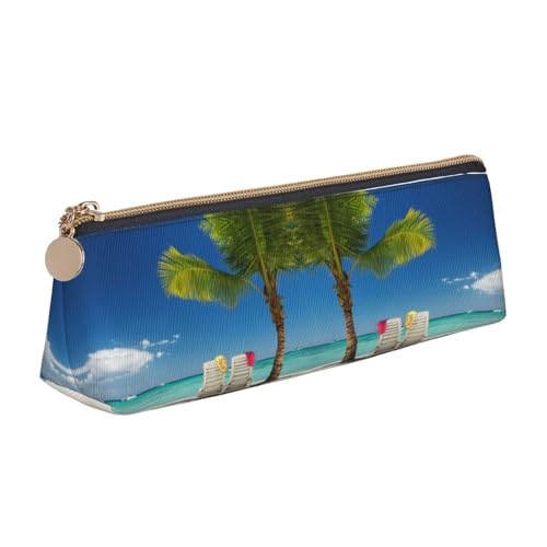 DNBCLEZK Niedliches dreieckiges Federmäppchen aus Leder, Motiv: Strandpalme, Stühle, Boote, hochwertiger glatter Reißverschluss, langlebiger Metallabzieher, Designer-Schreibwaren-Organizer für Schule von DNBCLEZK