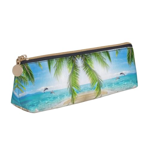 DNBCLEZK Niedliches dreieckiges Federmäppchen aus Leder, Motiv: Strandpalmen, hochwertiger glatter Reißverschluss, langlebiger Metallabzieher, Designer-Schreibwaren-Organizer für Schule, Büro von DNBCLEZK