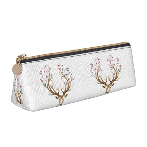 DNBCLEZK Niedliches dreieckiges Federmäppchen aus Leder, mit Hirschgeweih, hochwertiger glatter Reißverschluss, langlebiger Metallabzieher, Designer-Schreibwaren-Organizer für Schule, Büro von DNBCLEZK