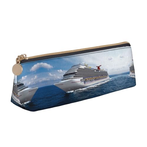 DNBCLEZK Niedliches dreieckiges Federmäppchen aus Leder mit Kreuzfahrtschiff, hochwertiger glatter Reißverschluss, langlebiger Metallabzieher, Designer-Schreibwaren-Organizer für Schule, Büro von DNBCLEZK