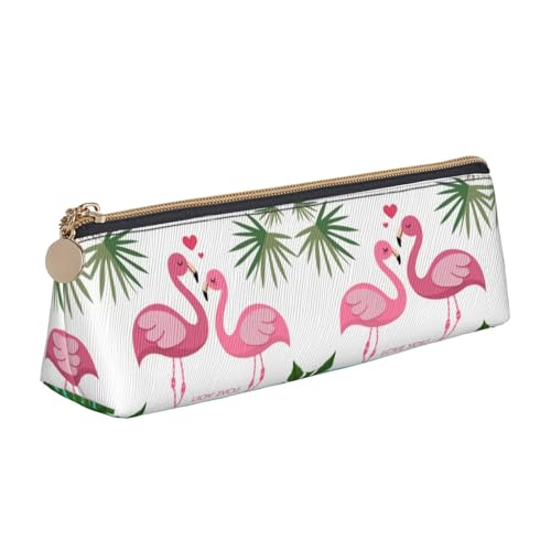 DNBCLEZK Niedliches dreieckiges Federmäppchen aus Leder mit Palmblatt und Flamingos, hochwertiger glatter Reißverschluss, langlebiger Metallabzieher, Volldruck, Designer-Schreibwaren-Organizer für von DNBCLEZK