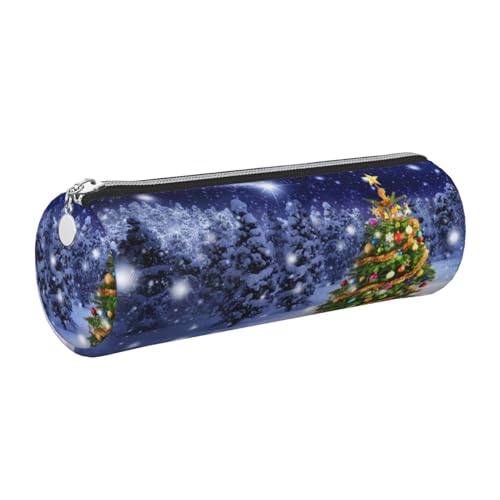 DNBCLEZK Niedliches rundes Leder-Federmäppchen mit Weihnachtsbaum, hochwertiger glatter Reißverschluss, langlebiger Metallabzieher, vollständiger Druck, Designer-Schreibwaren-Organizer für Schule von DNBCLEZK