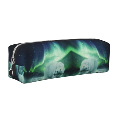 DNBCLEZK Northern Lights Bear Federmäppchen, niedliches Leder-Federmäppchen, hochwertiger glatter Reißverschluss, langlebiger Metallabzieher, Designer-Schreibwaren-Organizer für Schule, Büro, silber von DNBCLEZK
