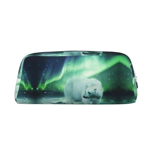 DNBCLEZK Northern Lights Bear Federmäppchen aus Leder für Mädchen und Jungen, personalisierbares Federmäppchen, Schreibwaren-Aufbewahrungstaschen, silber, Einheitsgröße, Taschen-Organizer von DNBCLEZK